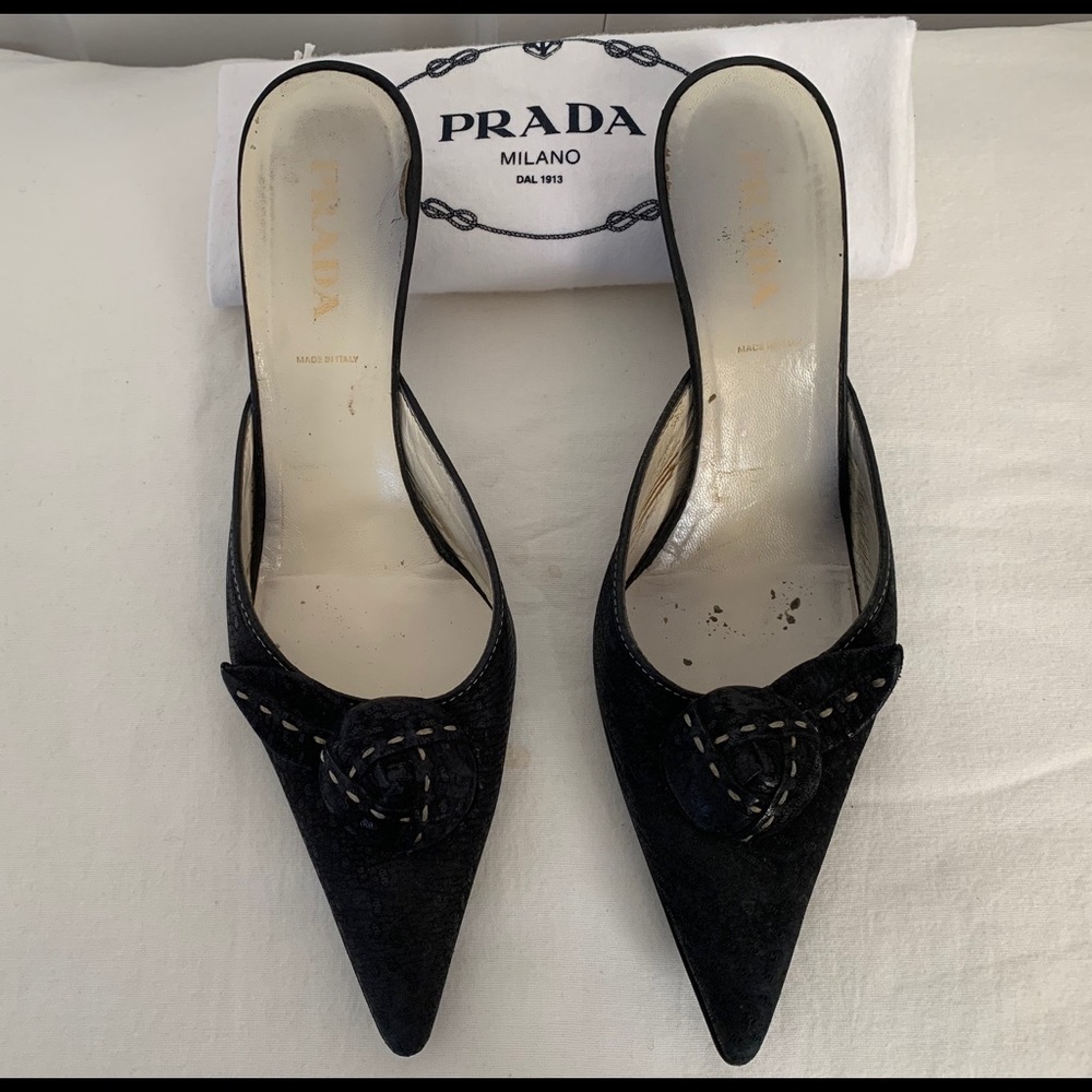 Authentic Prada Suede kitten heel mules (slides)